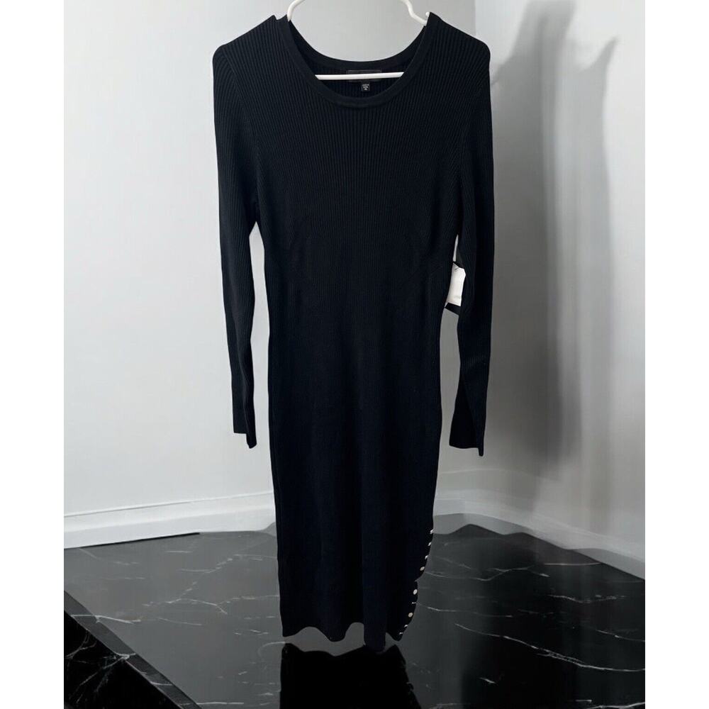 NWT GUESS Bodycon Ribbed Knit Sweater Dress Black Size XL Snaps Slit Long Sleeve